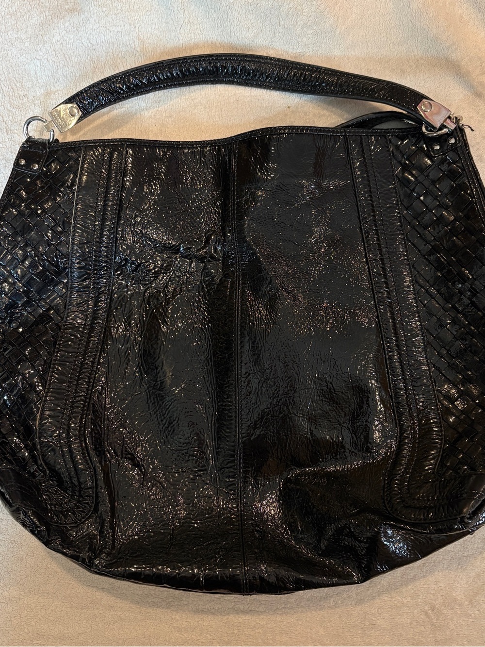 Elliott Lucca Black Patent Hobo with Woven Side Panels